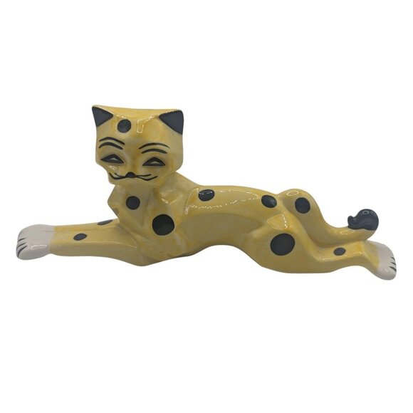 Vtg Handmade Ceramic Yellow & Black Spotted Cat Figurine By Lorna Bailey 12"